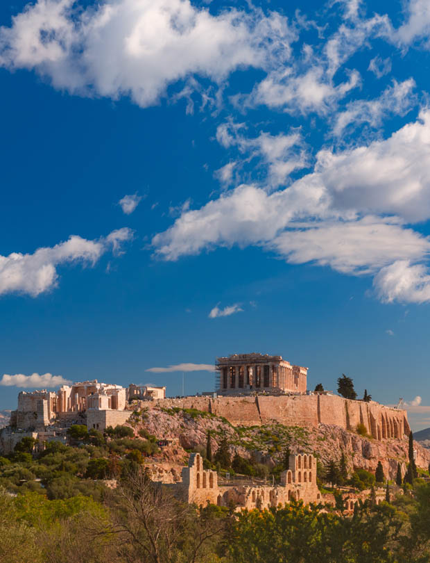 The Acropolis in Athens under sunny blue skies in Greece
