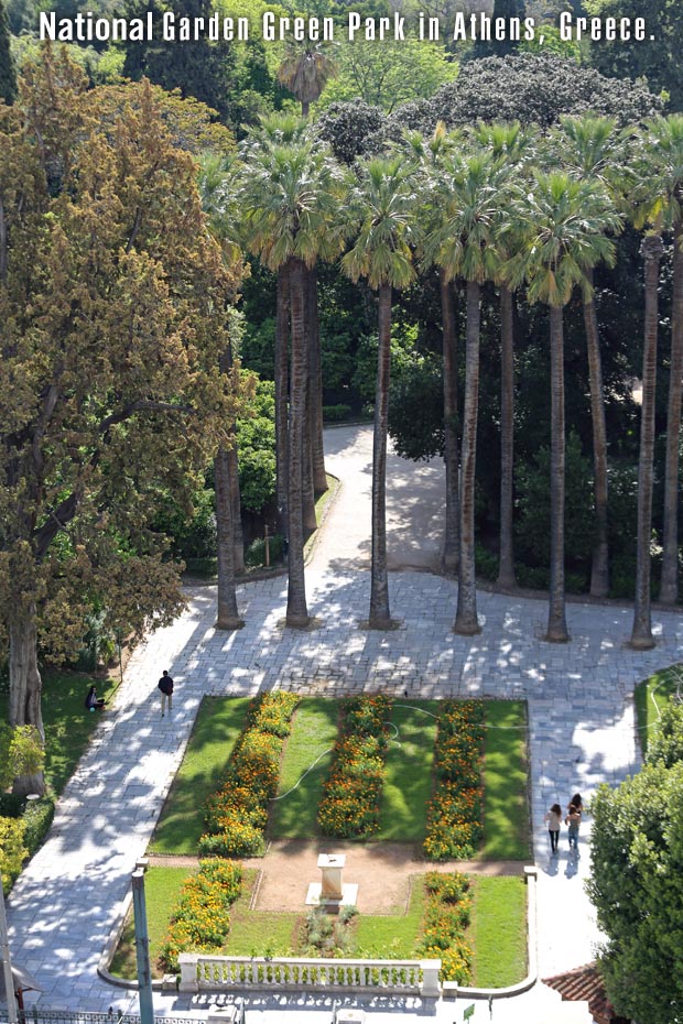 National  Garden in Athens, Greece with palms and a stone walkway